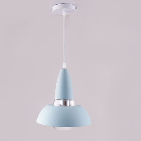 A pastel blue and silver pendant light with a conical shape, suspended from a white ceiling.
