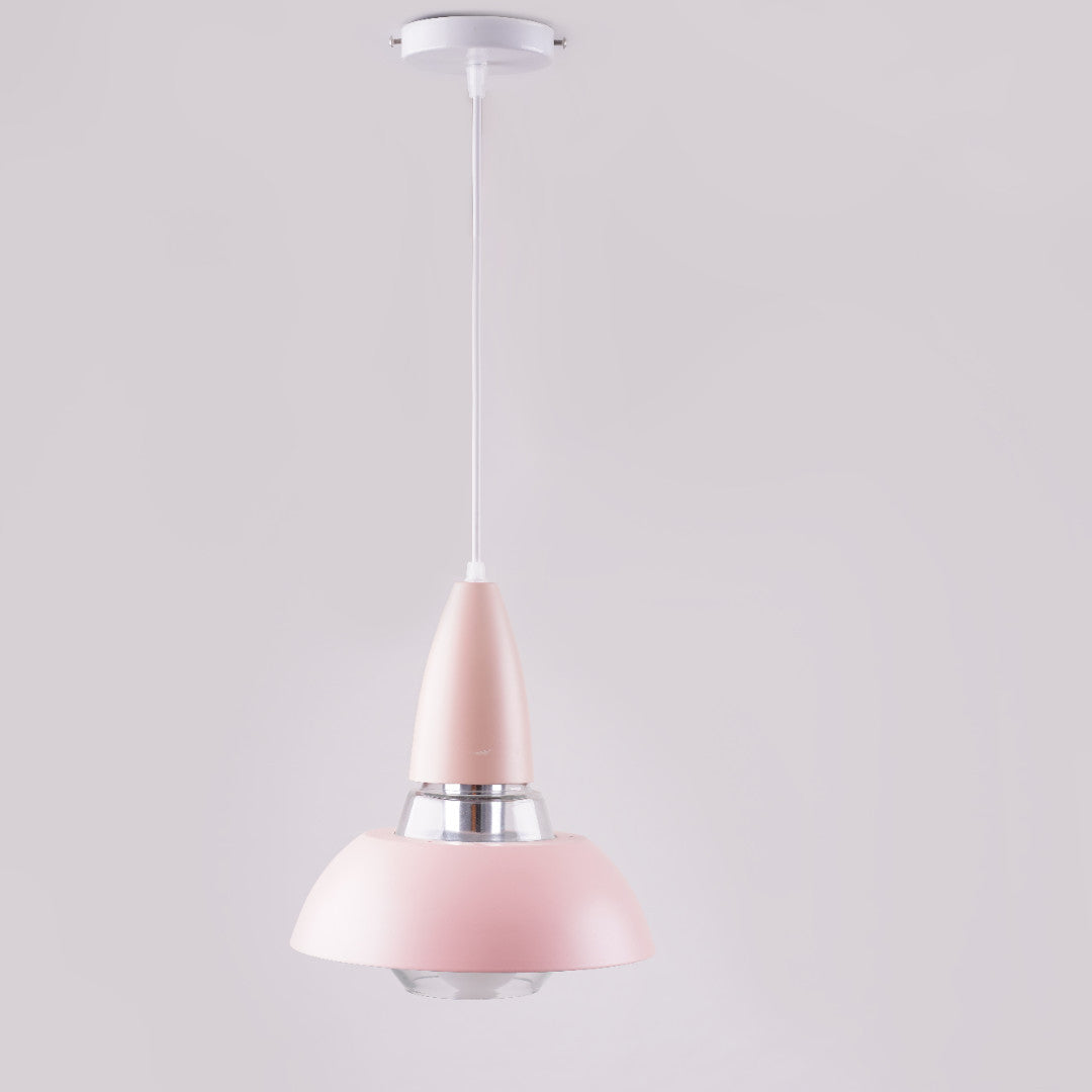 A pastel pink and silver pendant light with a conical shape, suspended from a white ceiling.
