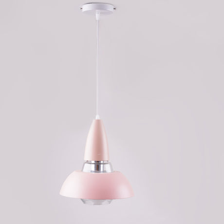 A pastel pink and silver pendant light with a conical shape, suspended from a white ceiling.
