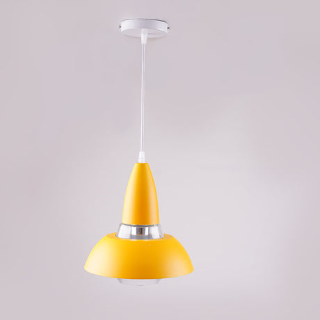 A pastel yellow and silver pendant light with a conical shape, suspended from a white ceiling.
