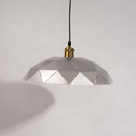 A geometric pendant light with a dome-shaped shade featuring mirrored triangular panels.