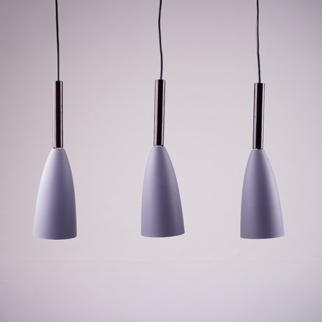 A set of three modern cone-shaped pendant lights with white shades and wooden accents, hanging in a row.
