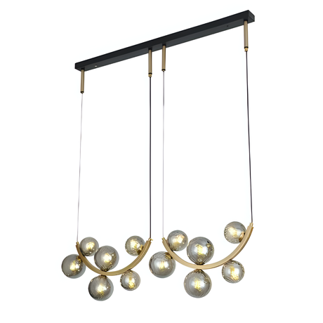 A contemporary gold chandelier with two curved metal arms, each holding multiple spherical grey glass globe lights, suspended from a black rectangular ceiling mount.
