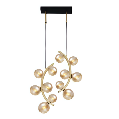 A modern gold chandelier with spherical glass bulbs arranged in a curved design, suspended from a black rectangular ceiling mount.
