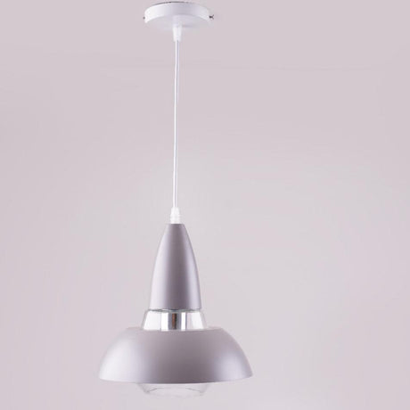A grey and silver pendant light with a conical shape, suspended from a white ceiling.
