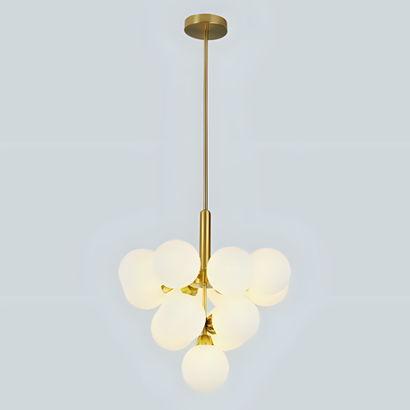 A modern chandelier with white frosted glass globes arranged symmetrically around a gold metal rod, suspended from the ceiling.