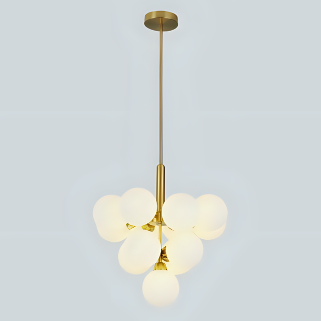 A modern chandelier with white frosted glass globes arranged symmetrically around a gold metal rod, suspended from the ceiling.