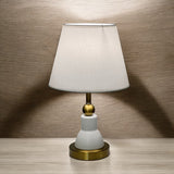 Classic white and gold table lamp with a bottle-shaped metal base and a white fabric shade.
