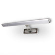 A sleek silver and brown  LED vanity light with a minimalist design, mounted on a metallic base.
