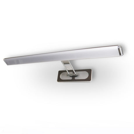 A sleek silver and brown  LED vanity light with a minimalist design, mounted on a metallic base.