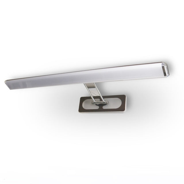 A sleek silver and brown  LED vanity light with a minimalist design, mounted on a metallic base.